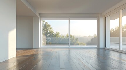 Fototapeta premium an empty living room with sliding glass doors and floor to the right there is no one person in it : Generative AI