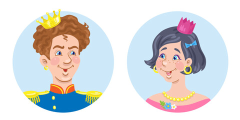 Prince and Princess.  Avatar icons cartoon. Isolated on white background. Vector flat illustration