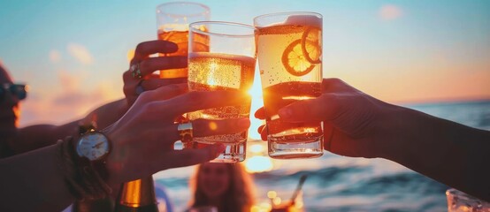 A group of happy rich people are drinking champagne on a yacht on a sunny summer day.