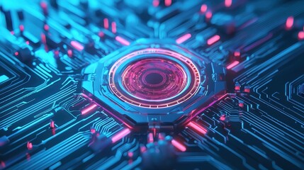 Fototapeta premium Futuristic close-up of a circuit board with glowing elements, showcasing digital technology and innovative design.