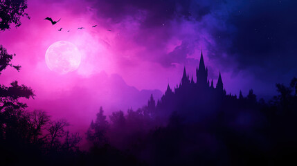 A purple sky with a full moon and a castle in the distance