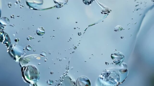 Flowing on a vibrant blue backdrop, this abstract image captures the beauty of transparent liquid gel with bubbles, exuding purity and freshness. Ideal for skincare, cosmetics, or health concepts