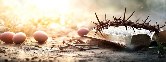 Easter background with a crown of thorns, nails, and a Bible on the ground, with copy space for an Easter celebration concept 