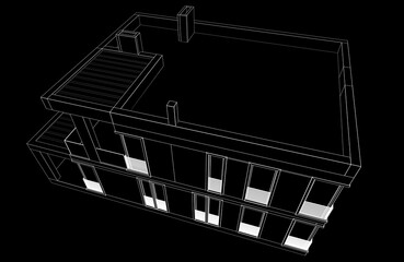 Linear architectural drawing of a building on black background