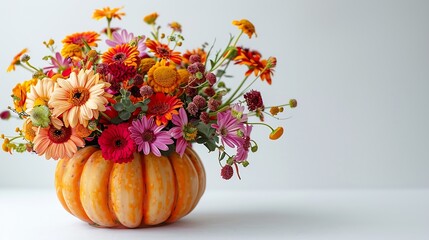Autumn bouquet of bright flowers in a pumpkin handmade vase Cozy home atmosphere fall decor White background : Generative AI