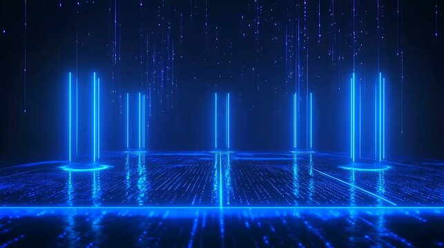 Futuristic digital landscape with glowing blue columns and binary code raining down in a dark, virtual reality environment.