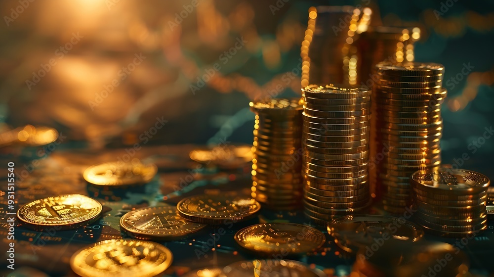 Poster creative growing forex chart and stacked golden coins on dark background with map trade growing inco