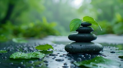 zen stones on empty wooden with green leaf in the garden background blurred Concept relaxation zen spring : Generative AI