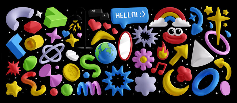 Colorful 3D shapes. Аbstract gradient lines, rainbow and star shape, geometric heart, planet, lightning bolt and arrow. Isolated spring spiral, ring, circle plate and sphere renders. Vector set	
