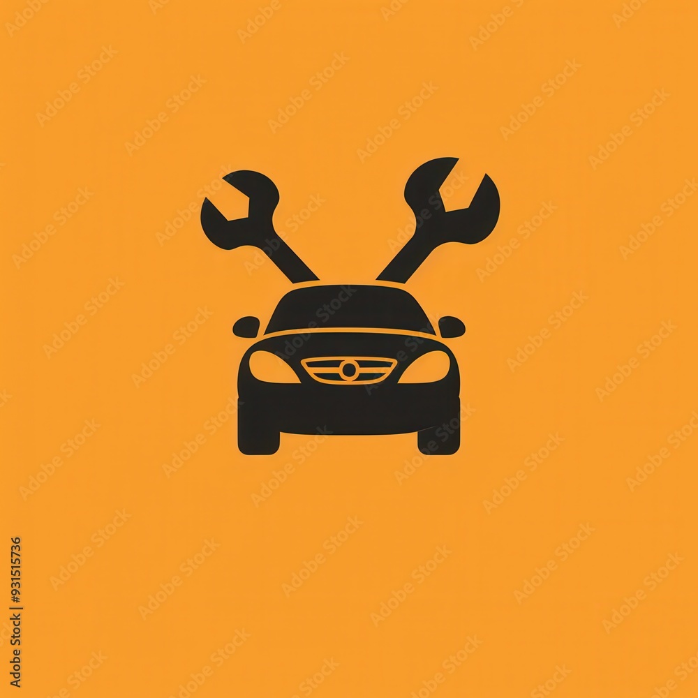 Poster this logo features a car design with two wrenches crossed behind it on a vibrant orange background, 