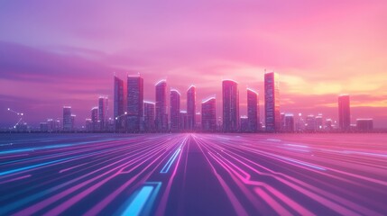 Fototapeta premium Stunning skyline at sunset, showcasing modern architecture and vibrant colors, ideal for technology and urban-themed projects.