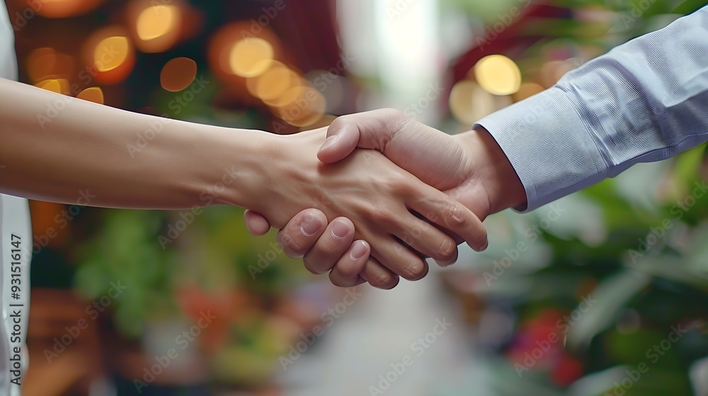 Poster business people handshake and corporate deal with support for b2b merger teamwork or hiring partners