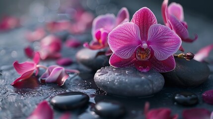 Fototapeta premium Composition with spa stones orchid pink flower on grey background Spa concept : Generative AI