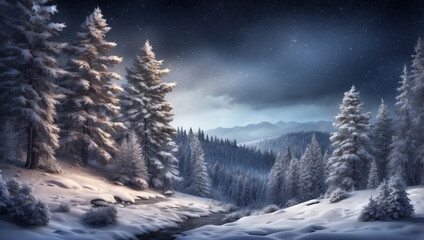 Fototapeta premium Winter Night Landscape with Snowy Forest and Fir Branches