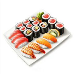 A plate of sushi with a variety of different types of sushi, including shrimp