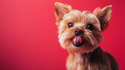 Portrait of a Yorkshire Terrier on a vibrant red backdrop