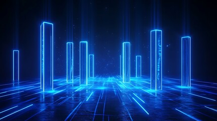 Futuristic digital landscape with glowing blue rectangular pillars and abstract virtual grids in a dark background.