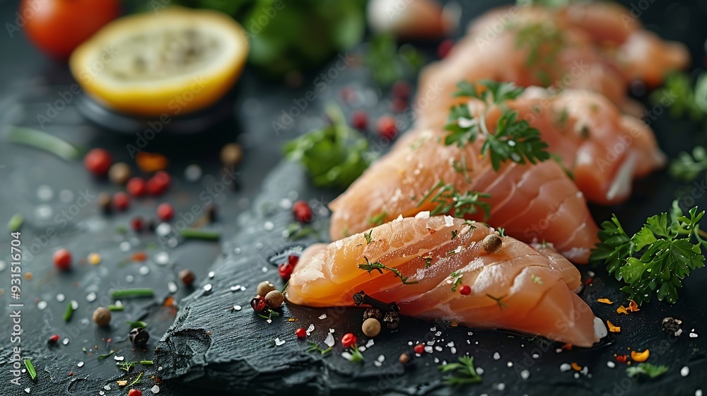 Poster fresh chicken fillet on a dark concrete table with spices and herbs preparation for cooking meat dis