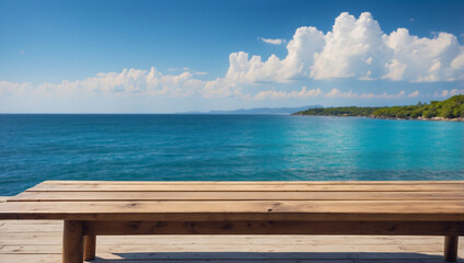 Wooden Table on the Background of the Sea and Island