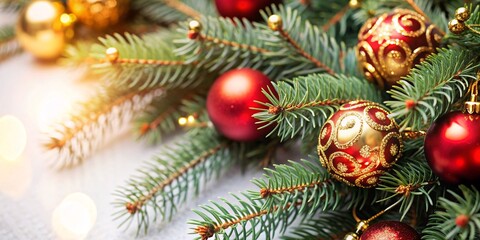 Fototapeta premium Winter's Greeting: A Festive Christmas Tree. Capture the essence of holiday joy with this close-up of a Christmas tree adorned with gleaming baubles and twinkling lights.