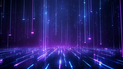 Obraz premium Futuristic digital landscape with glowing light lines extending vertically and horizontally, creating a captivating cyberpunk atmosphere.