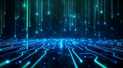 Futuristic digital landscape with glowing lines and lights representing data flow and technology in a virtual world.
