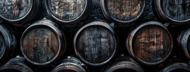 In a warehouse, old wooden whiskey, scotch, and wine barrels are stacked. Stock photo