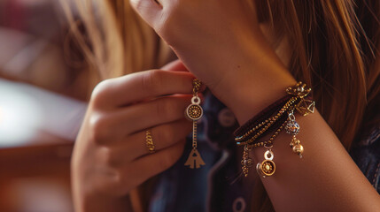 Detailed view of a girl adjusting a charm bracelet on her wrist, the charms dangling freely