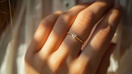 Detailed view of a girl slipping a delicate ring onto her pinky finger, the stone catching the light