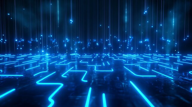 Futuristic digital landscape with glowing neon blue lines and particles. Concept of technology, data, and virtual reality.