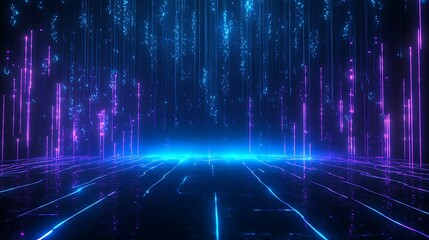 Futuristic digital landscape with glowing neon lights and abstract matrix backdrop, perfect for technology and cyber-themed projects.