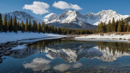Clear water reflecting snowy mountains