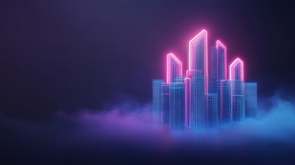 Fototapeta premium Futuristic city skyline with neon lights emerging from fog, creating a vibrant and atmospheric urban landscape.