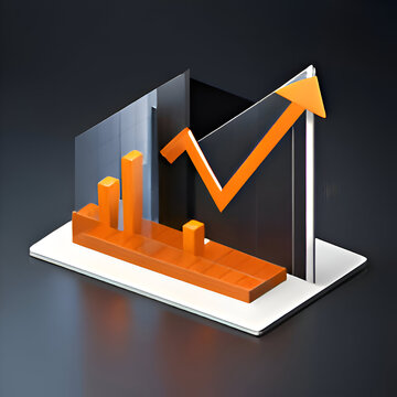 icon in 3 d, magnification of the graph with an up arrow on the graph itself,icon in black, arrow orange