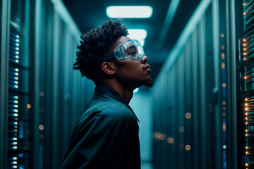 Professional young engineer looking over and repairing a modern business server rack diagnosing issues in the server room