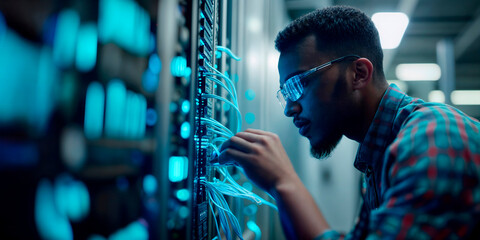 Professional young engineer looking over and repairing a modern business server rack diagnosing issues in the server room