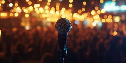 microphone on stage with glowing bokeh lights with audience on blur background concept of comedy night and live musical concert performance show