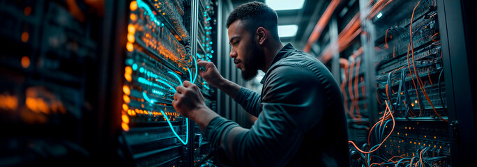 Professional young engineer looking over and repairing a modern business server rack diagnosing issues in the server room