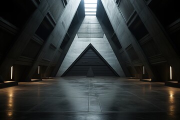 Fototapeta premium Modern concrete building interior with a large door and a skylight.