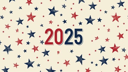 patriotic-themed image featuring the year "2025" in bold red and blue text, surrounded by a pattern of red and blue stars on a cream background.