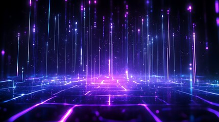 Futuristic digital landscape with neon lights and a cyberpunk aesthetic, showcasing vibrant hues of purple and blue in an abstract design.
