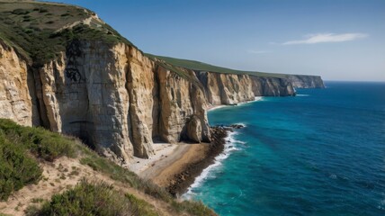 Obraz premium Cliffs overlooking blue sea, panoramic shot 