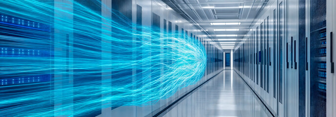 Fototapeta premium Conceptual modern business server room with bright blue energy flowing over the computer racks