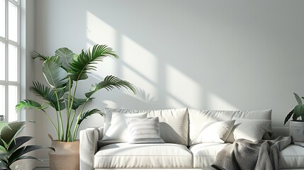 Modern Minimalist Living Room Interior Design Featuring a White SquareSpaced Bookshelf Grey Sofa and Plants Neatly Organized for a Homey Ambience Illuminated by Natural Light : Generative AI