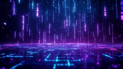 Fototapeta premium Futuristic digital landscape with neon lights and matrix-like data streams, showing AI technology, big data, and cyber connectivity.