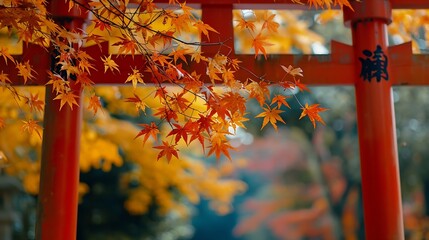 Vibrant autumn leaves surround a bold red torii gate symbolizing japans tradition and natural beauty : Generative AI