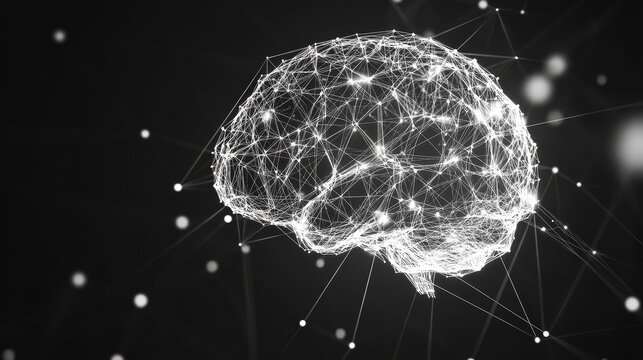 Polygonal futuristic mesh with human brain model. Artificial intelligence, connection technology. Generative AI