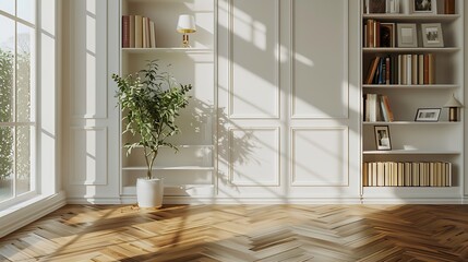 Empty living room white bookshelf vase of plant lamp home house concept brown parquet : Generative AI