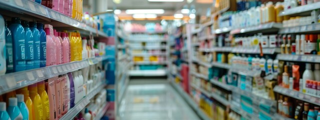 Fototapeta premium Colorful personal care products on shelves in a bright supermarket