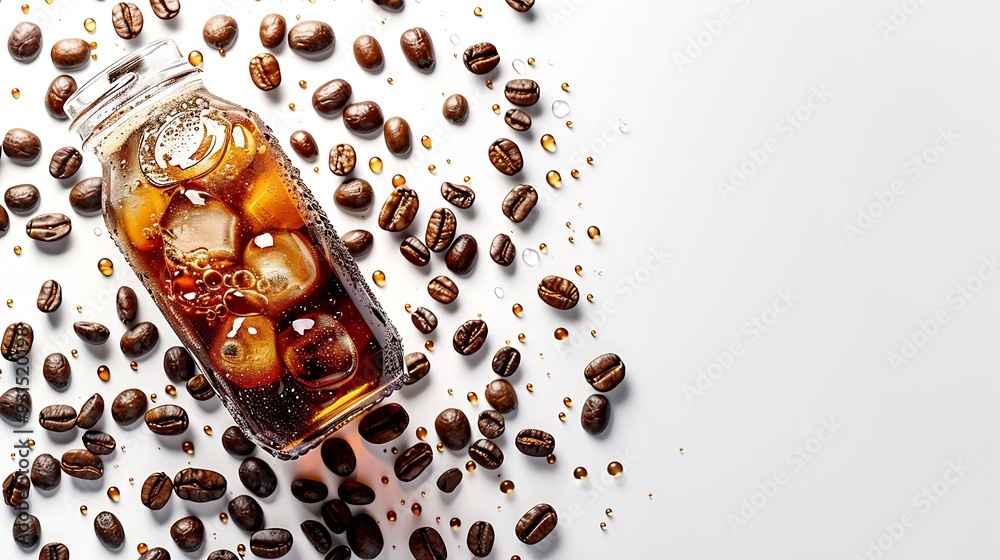 Poster americano ice coffee and coffee bean out of bottle on white background with isolate concept : genera